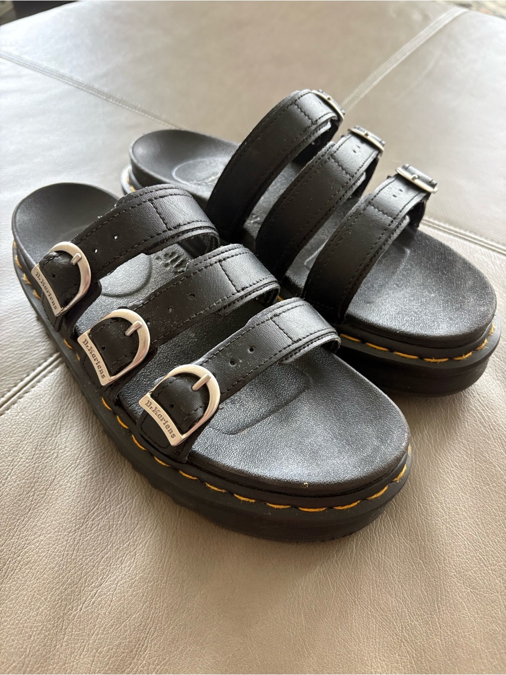 Dr. Martens Black Triple-Strap Platform Sandals with Silver Buckles